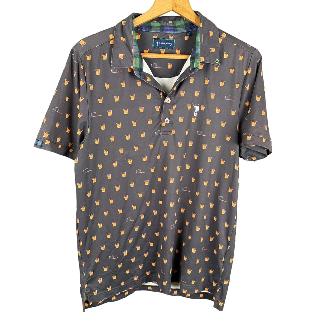 William Murray Mens Golf Polo Shirt Small Gray Cocktail Old Fashioned Plaid Trim